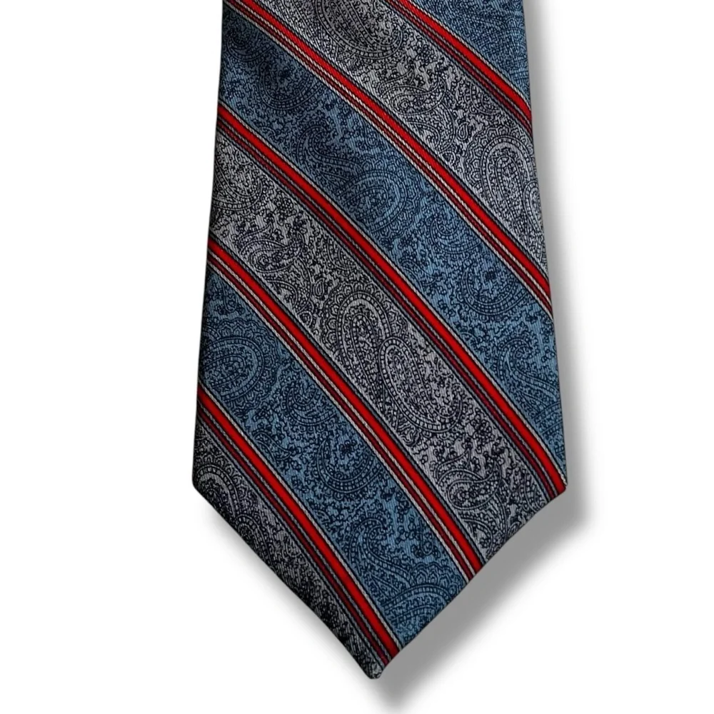 Vintage Hardy Amies London 100% Silk Neck Tie Blue Paisley Red Stripe Preppy